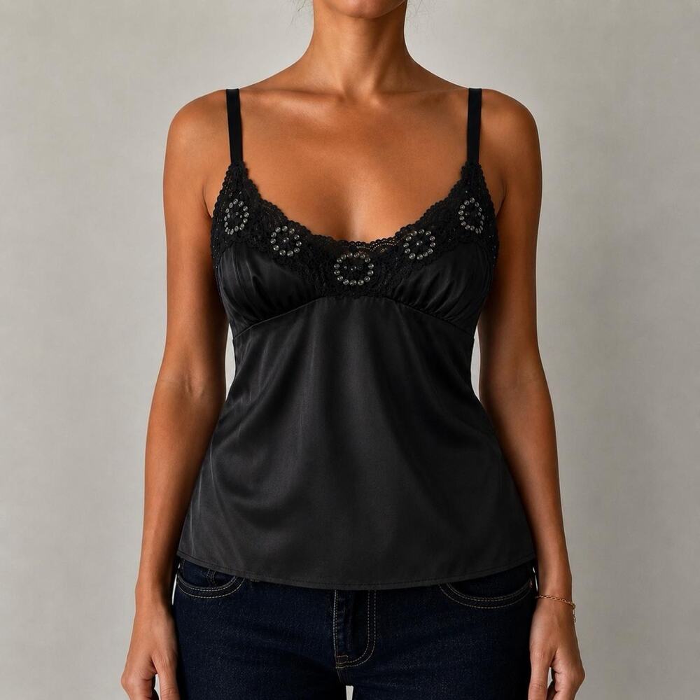 Vintage Y2K 100% SILK Italian Black Embellished Beaded Lace Tank Top Size Small